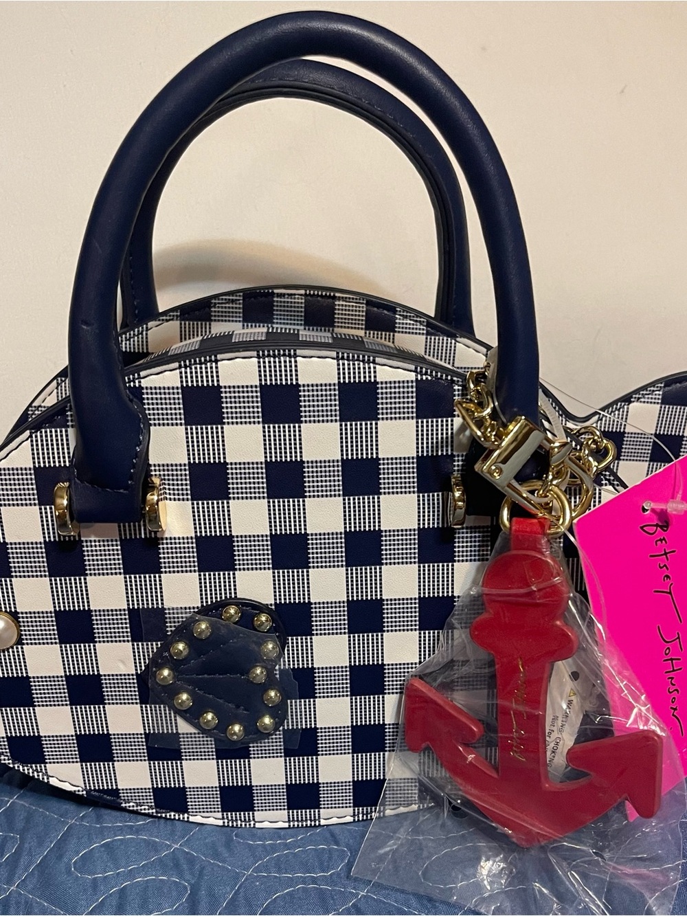 Betsey Johnson Navy and White Check Crossbody with Red Anchor Charm